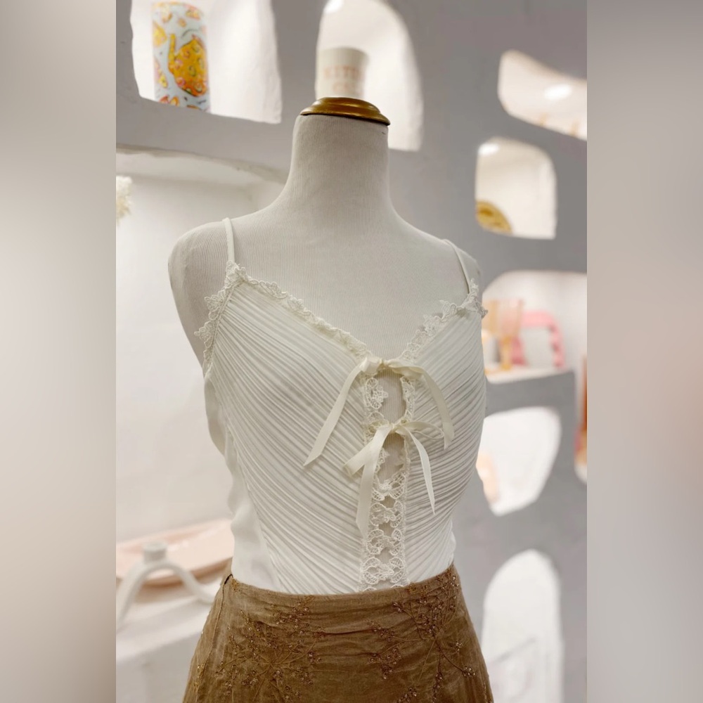 Vintage Pleated Cream Teddy Lingerie Bodysuit Romper with Ribbon Ties on Front